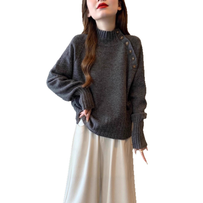 Kötött pulóver kapucnival – fél magas gallér, laza szabás, egyszerű minta, vastag gyapjú–akril keverék