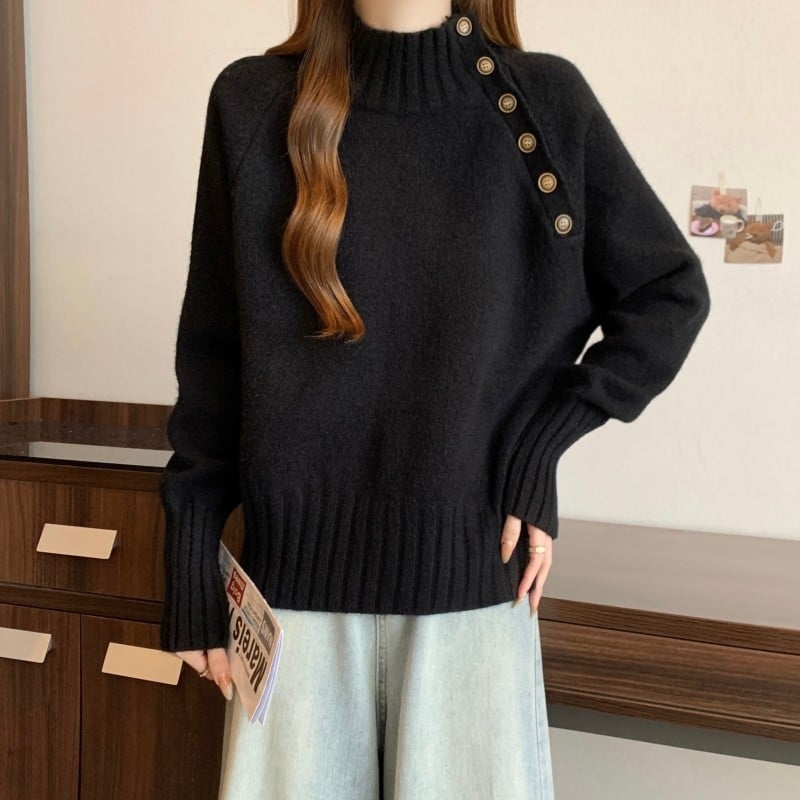 Kötött pulóver kapucnival – fél magas gallér, laza szabás, egyszerű minta, vastag gyapjú–akril keverék