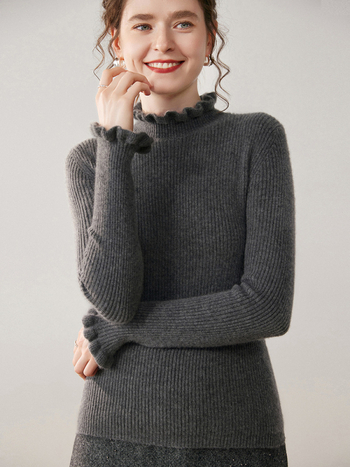 Pulover tricotat din cașmir, cu glugă, guler semi-înalt, croială slim