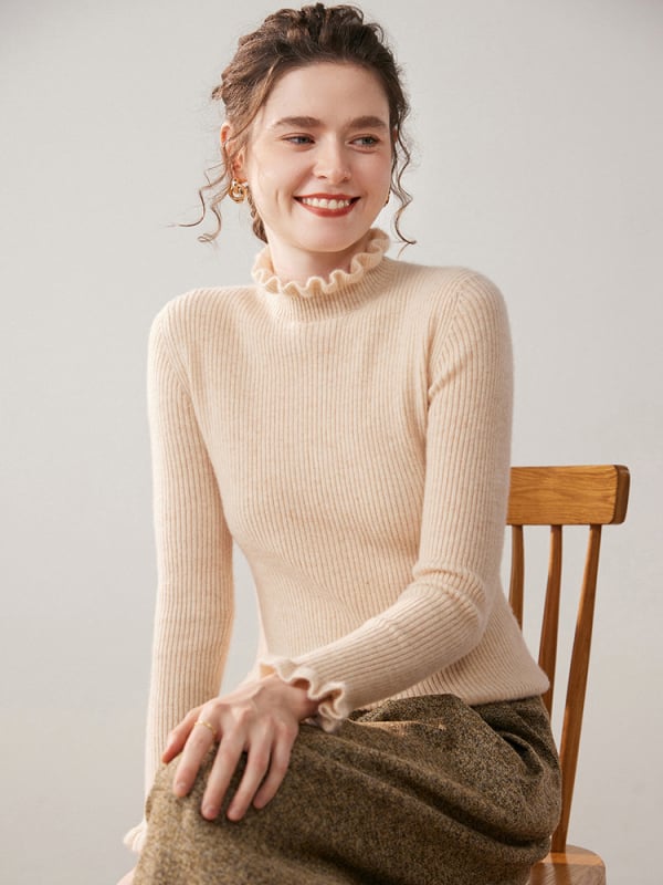 Pulover tricotat din cașmir, cu glugă, guler semi-înalt, croială slim