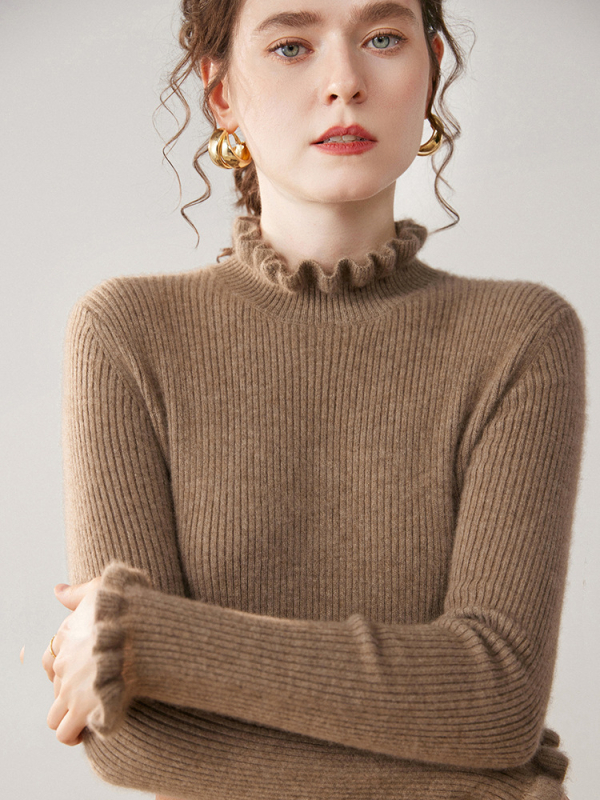 Pulover tricotat din cașmir, cu glugă, guler semi-înalt, croială slim