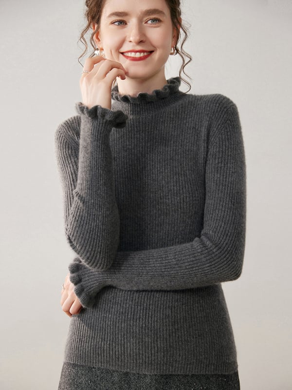 Pulover tricotat din cașmir, cu glugă, guler semi-înalt, croială slim