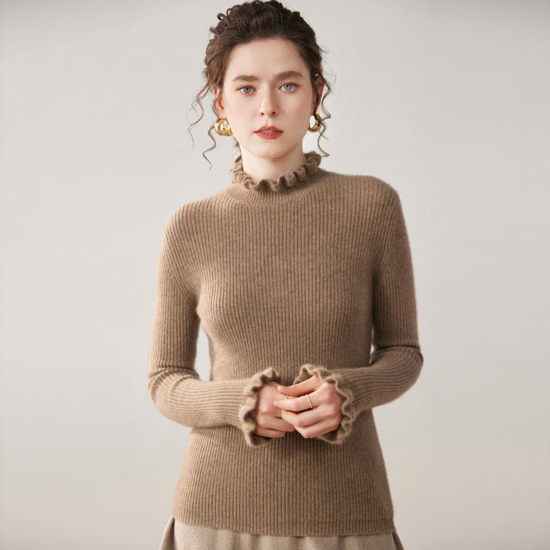 Pulover tricotat din cașmir, cu glugă, guler semi-înalt, croială slim