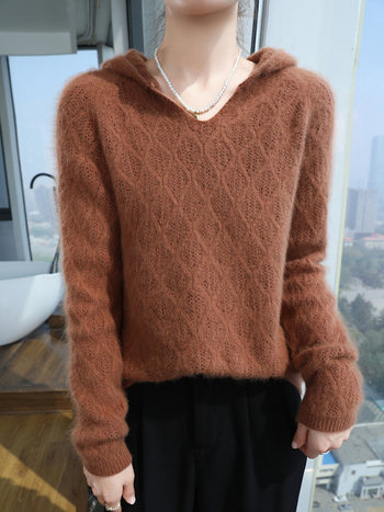 Pulover larg cu glugă din velur de nurcă, uni, mâneci raglan, tricot croșetat, primăvara 2025