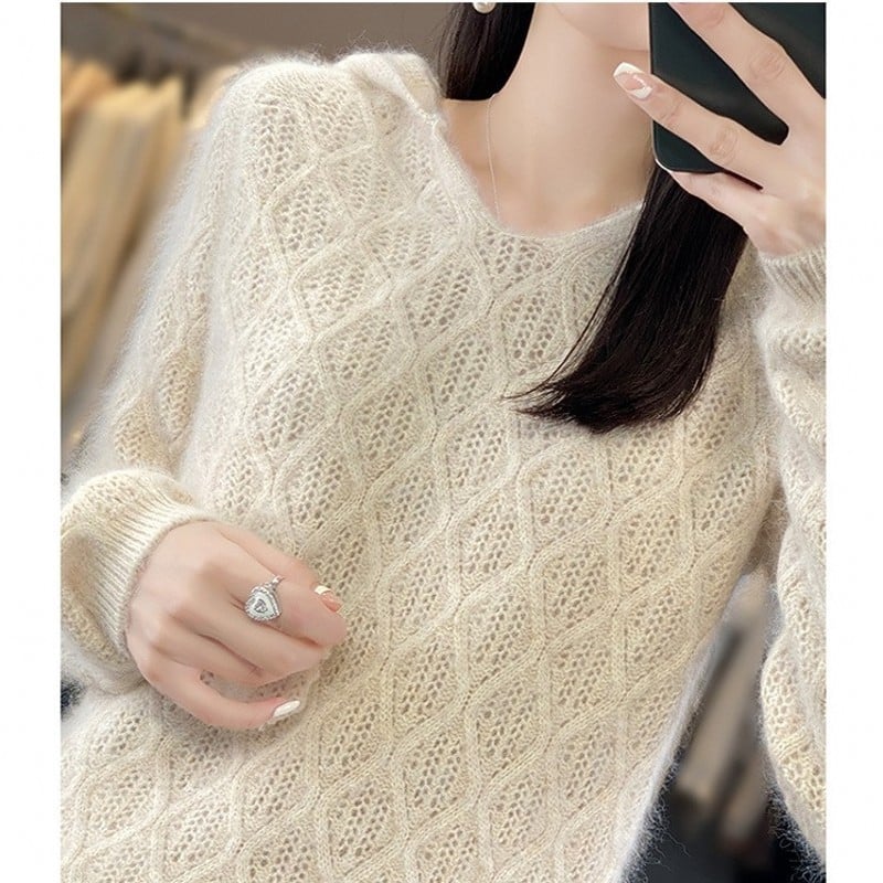 Pulover larg cu glugă din velur de nurcă, uni, mâneci raglan, tricot croșetat, primăvara 2025