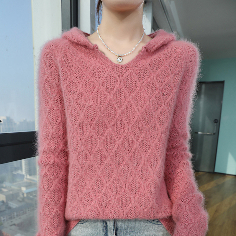 Pulover larg cu glugă din velur de nurcă, uni, mâneci raglan, tricot croșetat, primăvara 2025