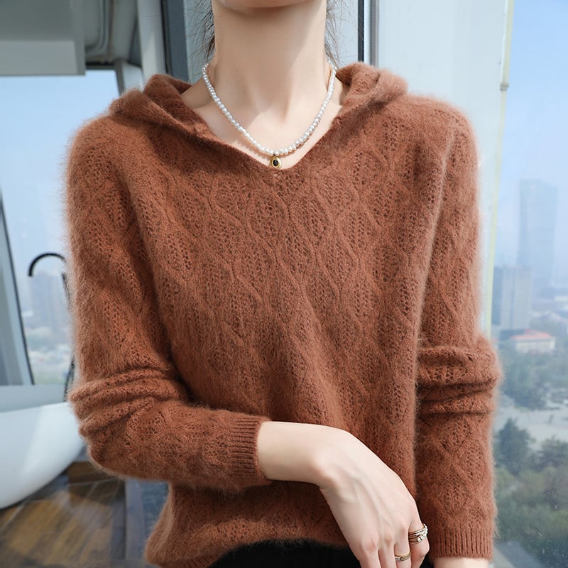 Pulover larg cu glugă din velur de nurcă, uni, mâneci raglan, tricot croșetat, primăvara 2025