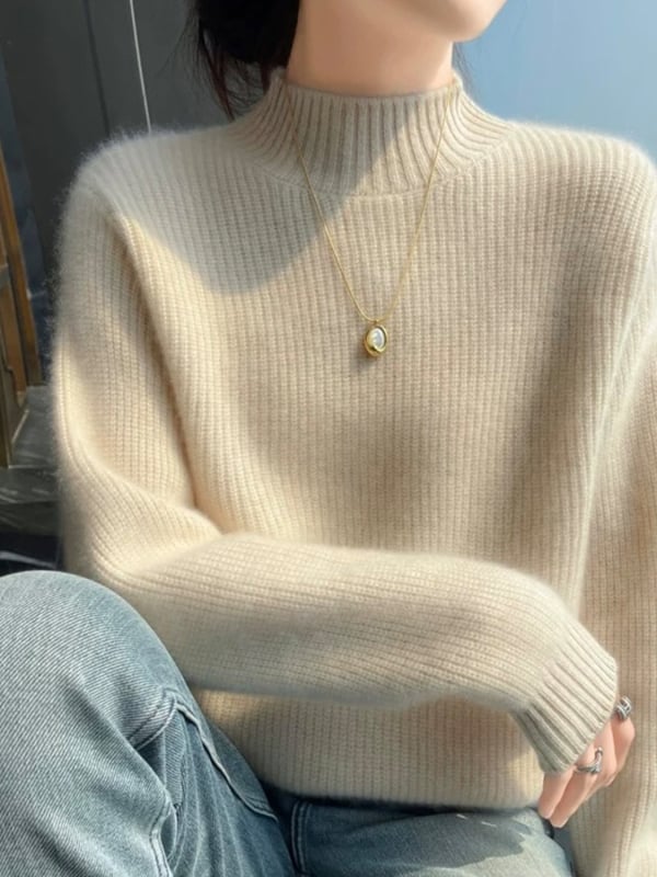 Pulover din cașmire pentru femei, cu glugă, guler semiînalt, tricot gros, croială slim, conținut cașmir 30–50%