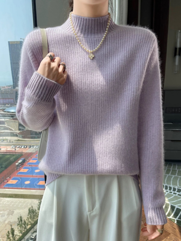 Pulover din cașmire pentru femei, cu glugă, guler semiînalt, tricot gros, croială slim, conținut cașmir 30–50%