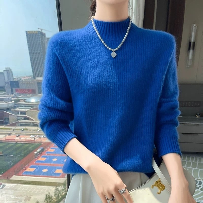 Pulover din cașmire pentru femei, cu glugă, guler semiînalt, tricot gros, croială slim, conținut cașmir 30–50%