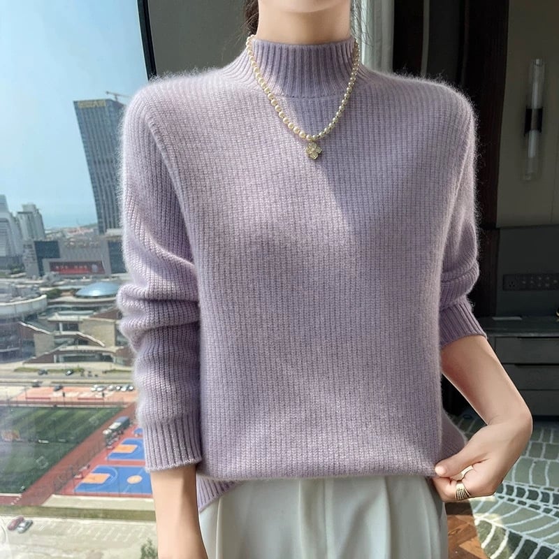 Pulover din cașmire pentru femei, cu glugă, guler semiînalt, tricot gros, croială slim, conținut cașmir 30–50%