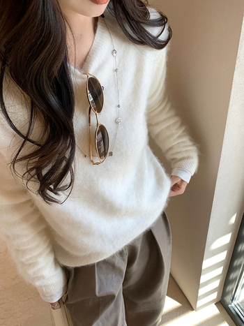 Pulover din cașmir și lână, tricot gros, guler rotund, mâneci lungi, croială lejeră, unicolor, toamnă-iarnă 2024