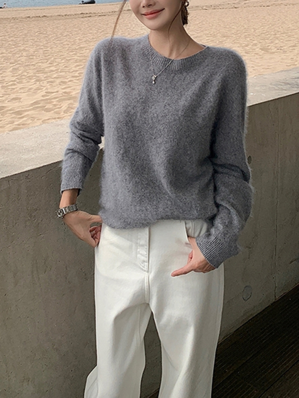 Pulover din cașmir și lână, tricot gros, guler rotund, mâneci lungi, croială lejeră, unicolor, toamnă-iarnă 2024