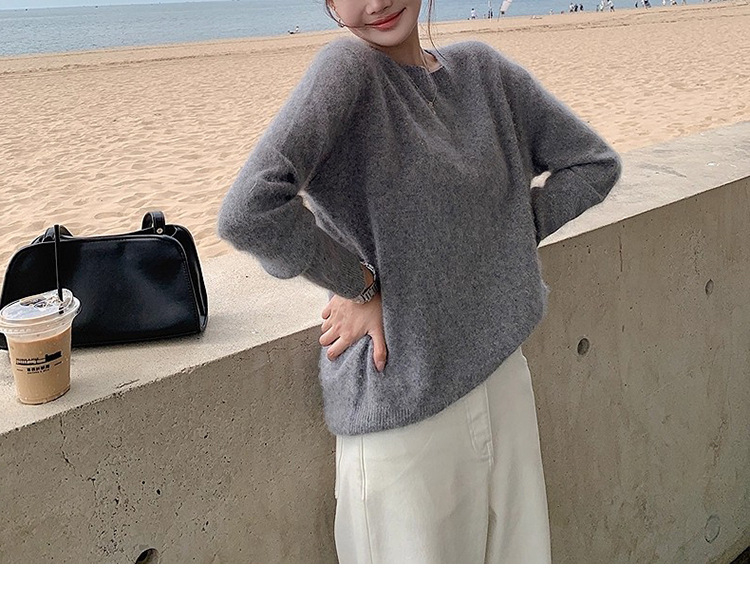 Pulover din cașmir și lână, tricot gros, guler rotund, mâneci lungi, croială lejeră, unicolor, toamnă-iarnă 2024