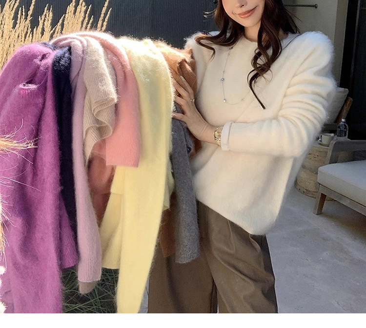 Pulover din cașmir și lână, tricot gros, guler rotund, mâneci lungi, croială lejeră, unicolor, toamnă-iarnă 2024