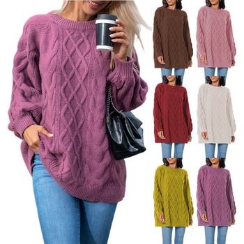 Pulover lejer cu guler rotund, mâneci raglan, croială liberă, model 3D Twist-flower, amestec lână de oaie și acril.