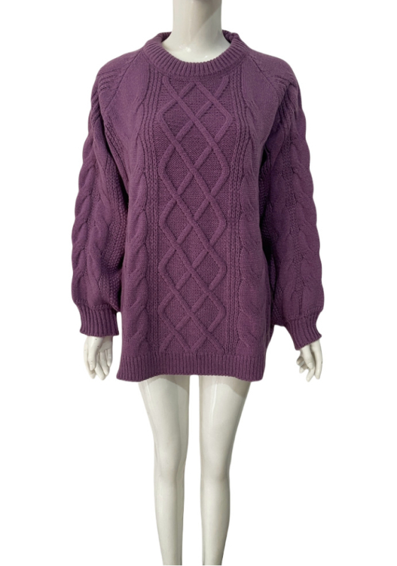 Pulover lejer cu guler rotund, mâneci raglan, croială liberă, model 3D Twist-flower, amestec lână de oaie și acril.