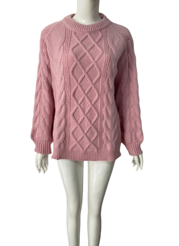 Pulover lejer cu guler rotund, mâneci raglan, croială liberă, model 3D Twist-flower, amestec lână de oaie și acril.