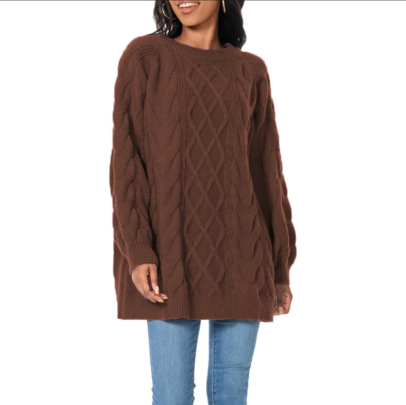 Pulover lejer cu guler rotund, mâneci raglan, croială liberă, model 3D Twist-flower, amestec lână de oaie și acril.