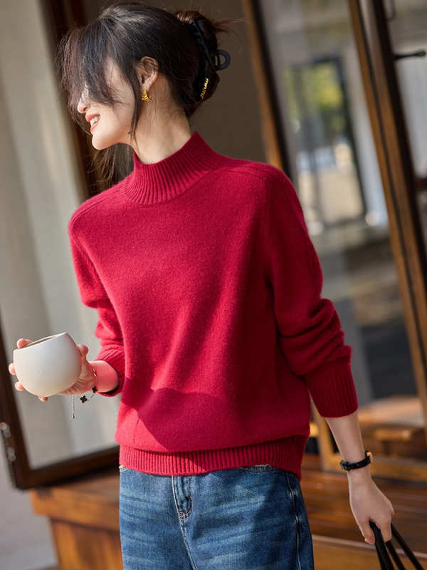 Pulover de damă din cașmir, guler semi-înalt, umeri în stil saddle, croială lejeră, mâneci lungi, 95% cașmir