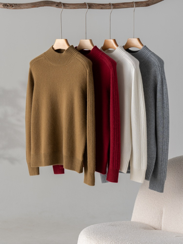 Pulover de damă din cașmir, guler semi-înalt, umeri în stil saddle, croială lejeră, mâneci lungi, 95% cașmir