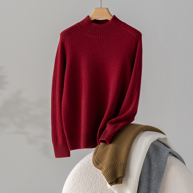 Pulover de damă din cașmir, guler semi-înalt, umeri în stil saddle, croială lejeră, mâneci lungi, 95% cașmir