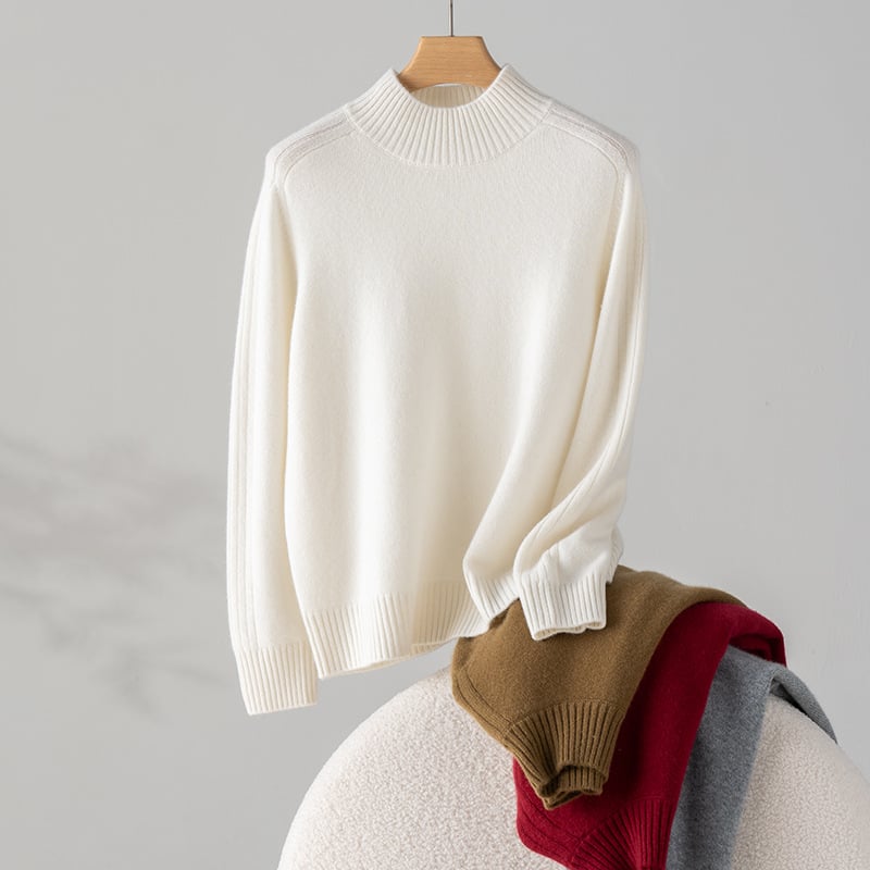 Pulover de damă din cașmir, guler semi-înalt, umeri în stil saddle, croială lejeră, mâneci lungi, 95% cașmir