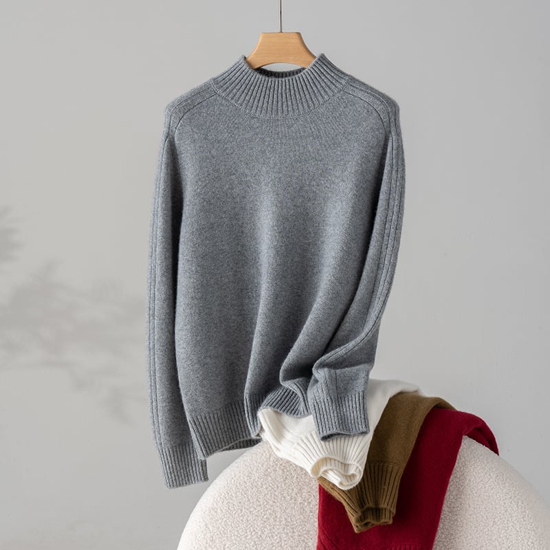 Pulover de damă din cașmir, guler semi-înalt, umeri în stil saddle, croială lejeră, mâneci lungi, 95% cașmir