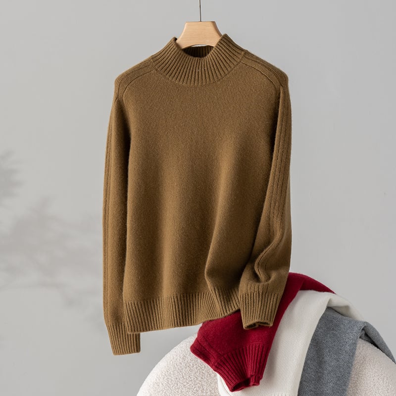 Pulover de damă din cașmir, guler semi-înalt, umeri în stil saddle, croială lejeră, mâneci lungi, 95% cașmir