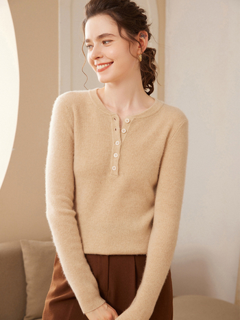 Pulover trikotat din cașmir pentru femei, guler rotund, croială lejeră, mâneci lungi, țesătură groasă