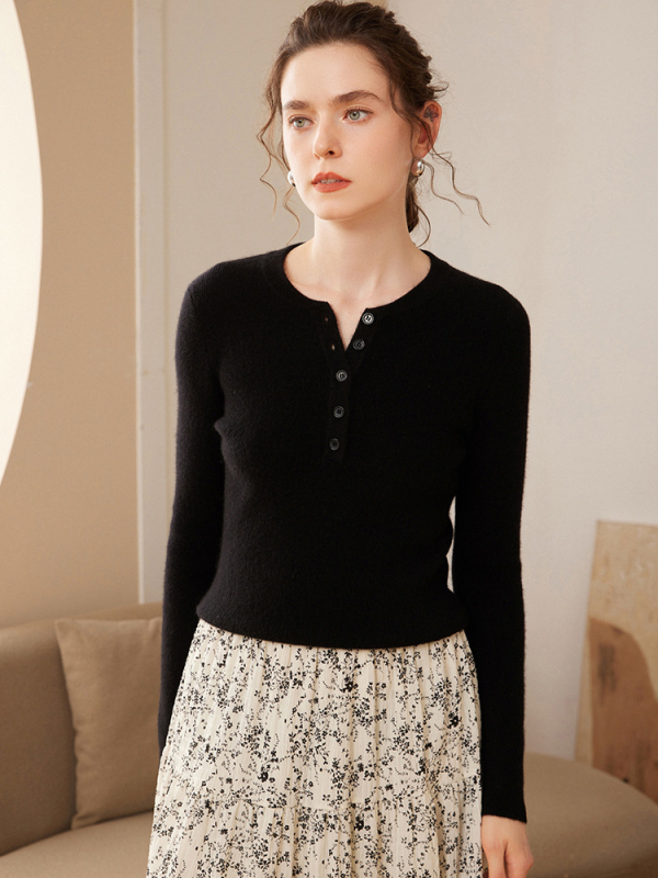 Pulover trikotat din cașmir pentru femei, guler rotund, croială lejeră, mâneci lungi, țesătură groasă