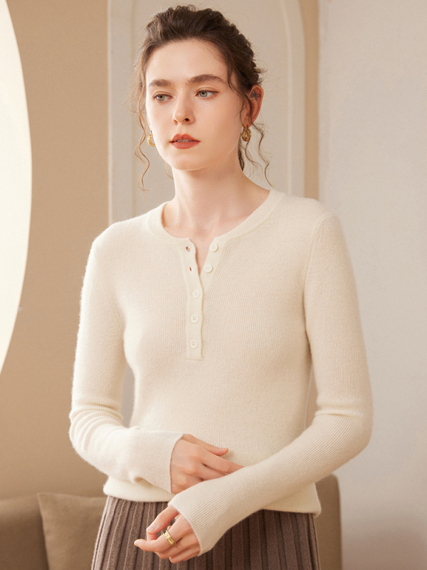 Pulover trikotat din cașmir pentru femei, guler rotund, croială lejeră, mâneci lungi, țesătură groasă