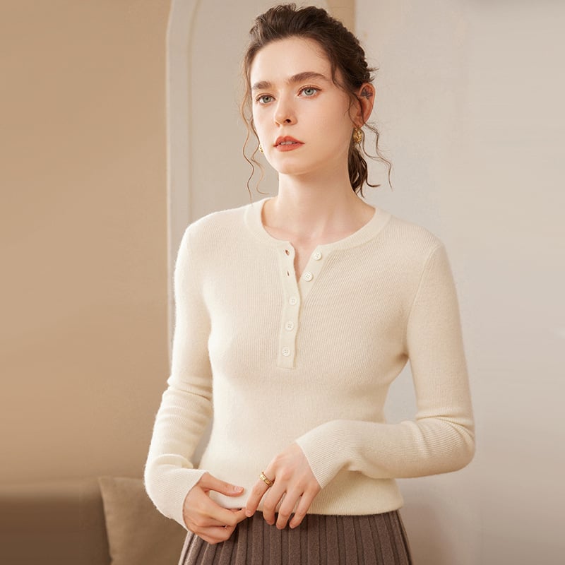 Pulover trikotat din cașmir pentru femei, guler rotund, croială lejeră, mâneci lungi, țesătură groasă