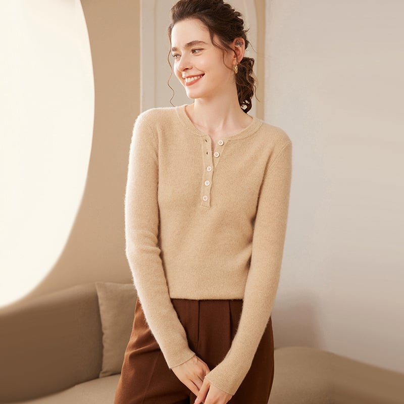 Pulover trikotat din cașmir pentru femei, guler rotund, croială lejeră, mâneci lungi, țesătură groasă