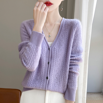 Cardigan din lână 95%+, guler în V, mâneci lungi, croială lejeră, lungime normală