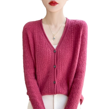 Cardigan din lână 95%+, guler în V, mâneci lungi, croială lejeră, lungime normală