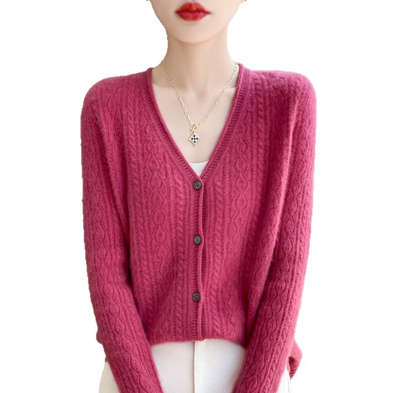 Cardigan din lână 95%+, guler în V, mâneci lungi, croială lejeră, lungime normală