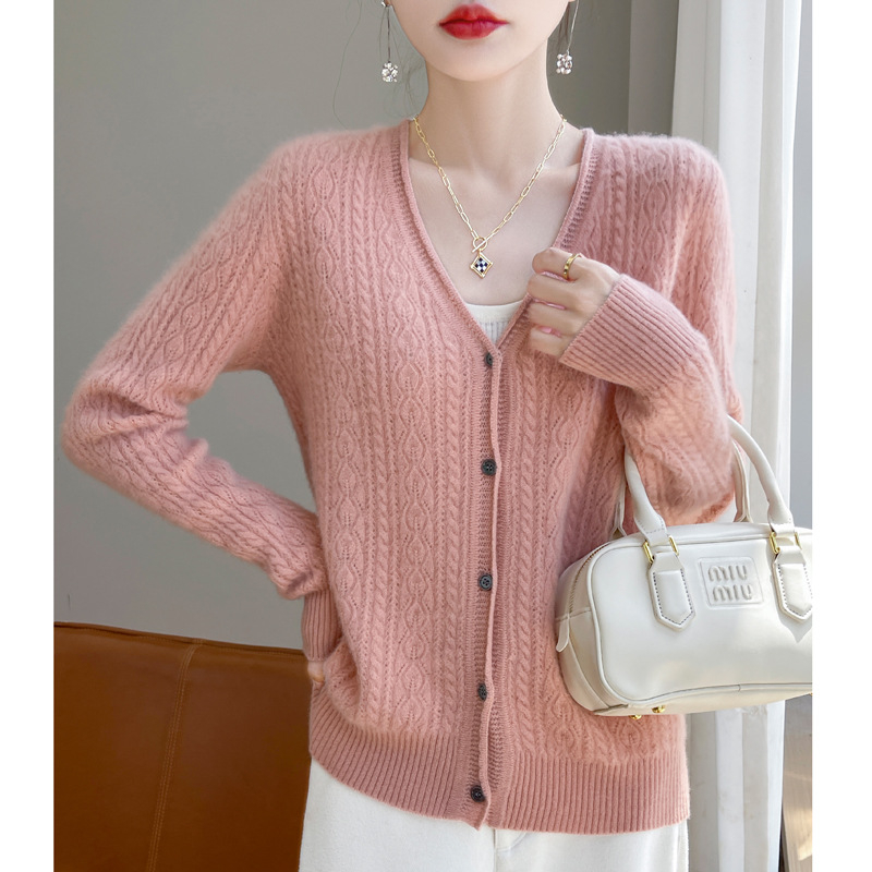 Cardigan din lână 95%+, guler în V, mâneci lungi, croială lejeră, lungime normală