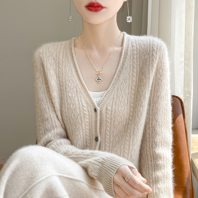 Cardigan din lână 95%+, guler în V, mâneci lungi, croială lejeră, lungime normală