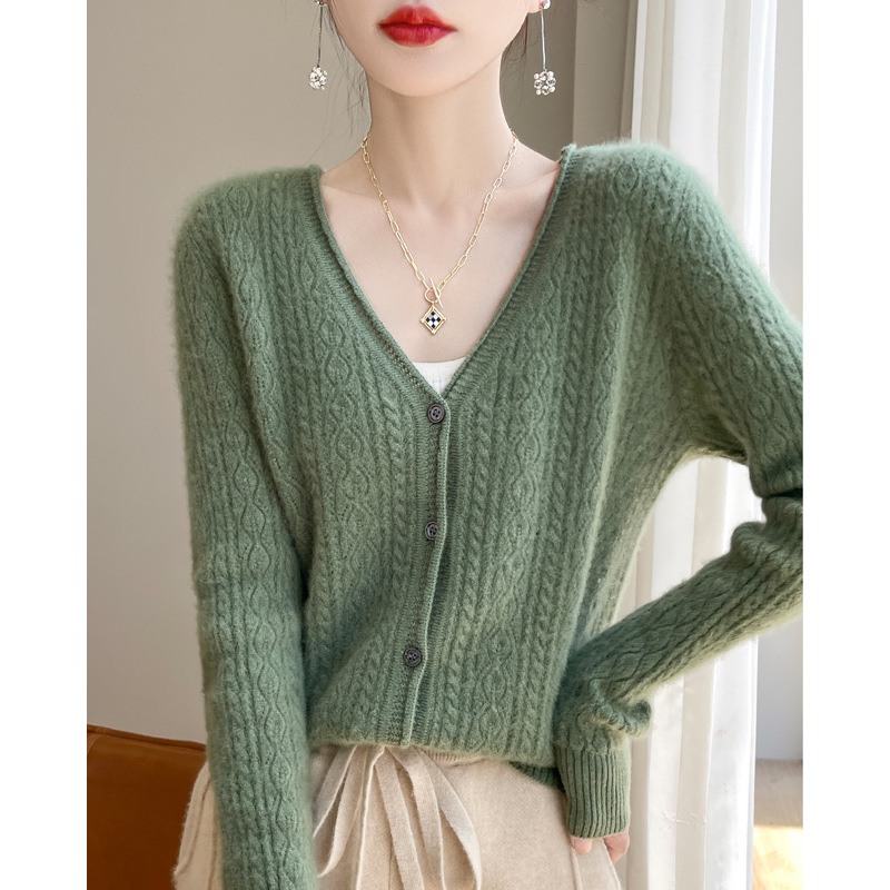 Cardigan din lână 95%+, guler în V, mâneci lungi, croială lejeră, lungime normală