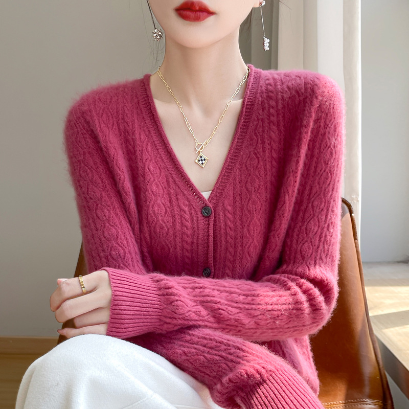 Cardigan din lână 95%+, guler în V, mâneci lungi, croială lejeră, lungime normală