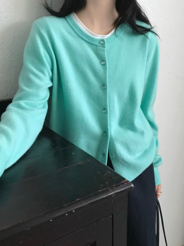 Кардиган от чиста вълна в корейски стил (кръгло деколте, свободна кройка, дълги ръкави, съдържание на вълна над 95%)