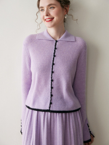 Cardigan din cașmir cu guler polo, lungime scurtă, tricot Jacquard (30–50% cașmir)