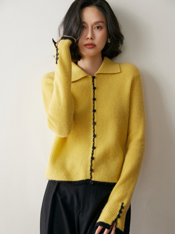 Cardigan din cașmir cu guler polo, lungime scurtă, tricot Jacquard (30–50% cașmir)