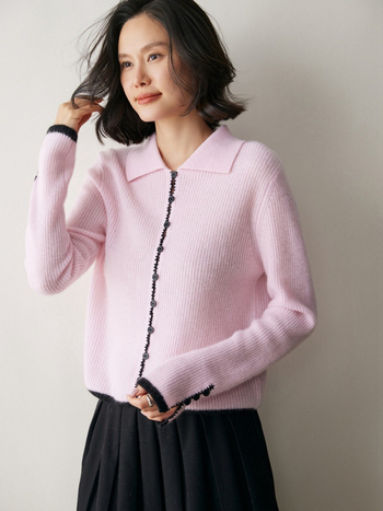 Cardigan din cașmir cu guler polo, lungime scurtă, tricot Jacquard (30–50% cașmir)