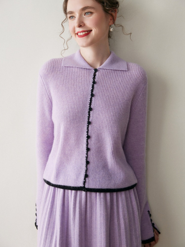 Cardigan din cașmir cu guler polo, lungime scurtă, tricot Jacquard (30–50% cașmir)