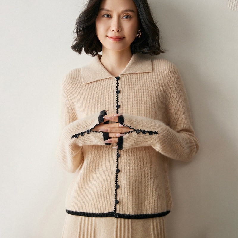 Cardigan din cașmir cu guler polo, lungime scurtă, tricot Jacquard (30–50% cașmir)