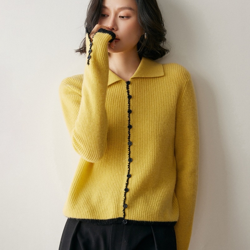 Cardigan din cașmir cu guler polo, lungime scurtă, tricot Jacquard (30–50% cașmir)