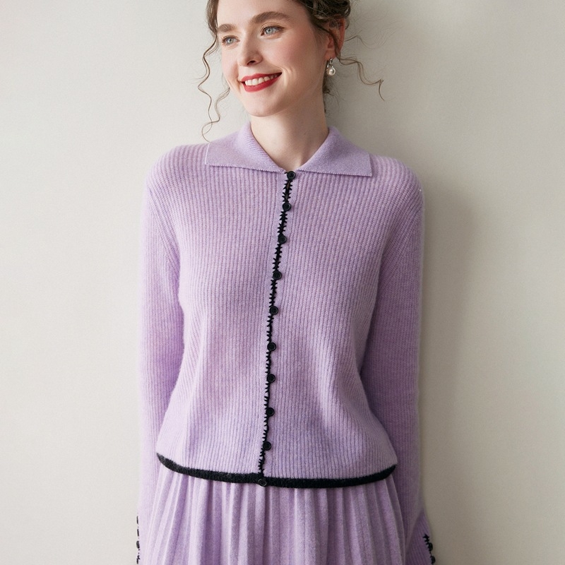 Cardigan din cașmir cu guler polo, lungime scurtă, tricot Jacquard (30–50% cașmir)