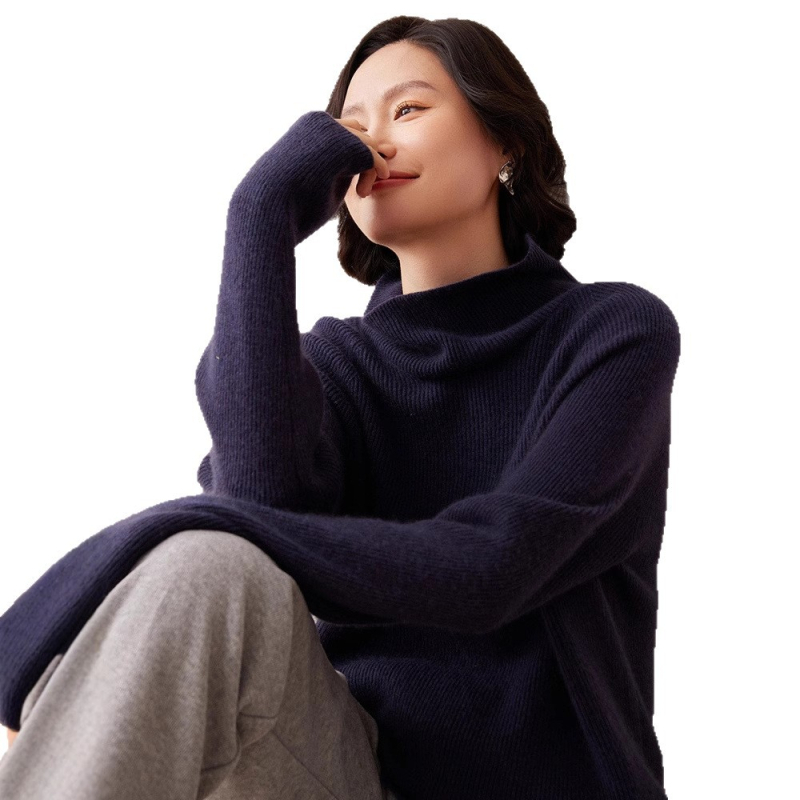 Moteriškas kašmyro megztinis su aukštu kaklu, tankus mezginys, vidutinio ilgio, 3D raštas